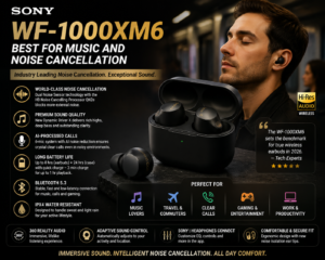 Sony WF-1000XM6 wireless earbuds with advanced noise cancellation, premium sound quality and AI-powered calling features