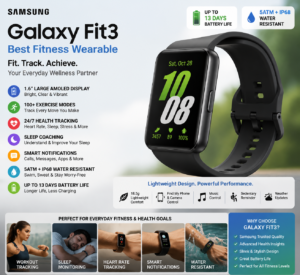 Samsung Galaxy Fit3 fitness tracker with AMOLED display and health monitoring features under ₹10,000