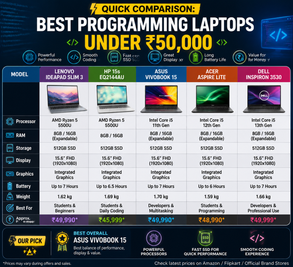 Quick comparison of best programming laptops under 50000 in 2026 with processor, RAM, storage and performance details
