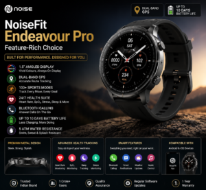 NoiseFit Endeavour Pro smartwatch with AMOLED display, Bluetooth calling and fitness tracking features under ₹10,000
