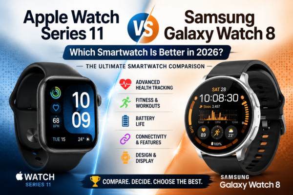 Apple Watch Series 11 vs Samsung Galaxy Watch 8 comparison showing smartwatch features and differences
