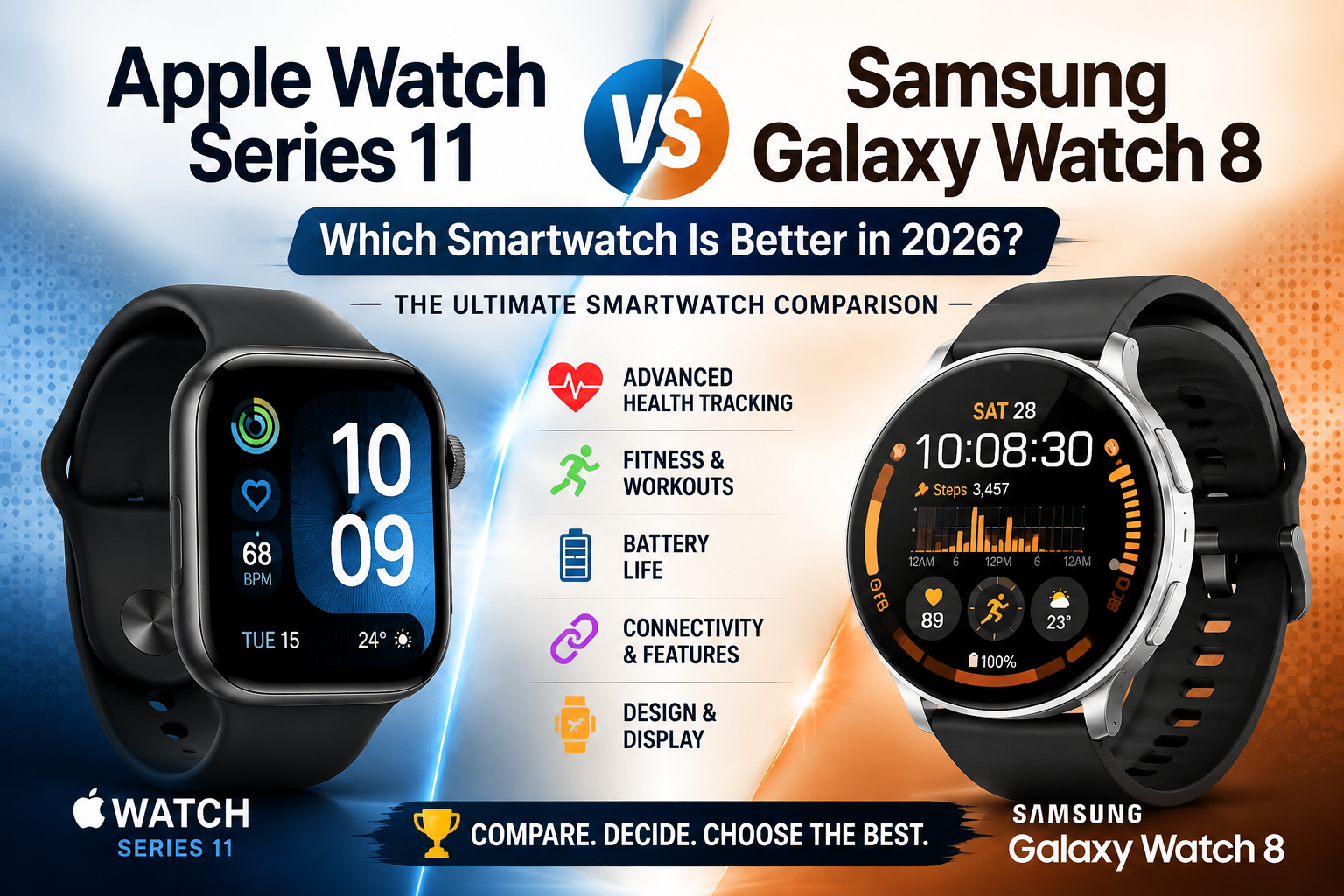 Apple Watch Series 11 vs Samsung Galaxy Watch 8 comparison showing smartwatch features and differences