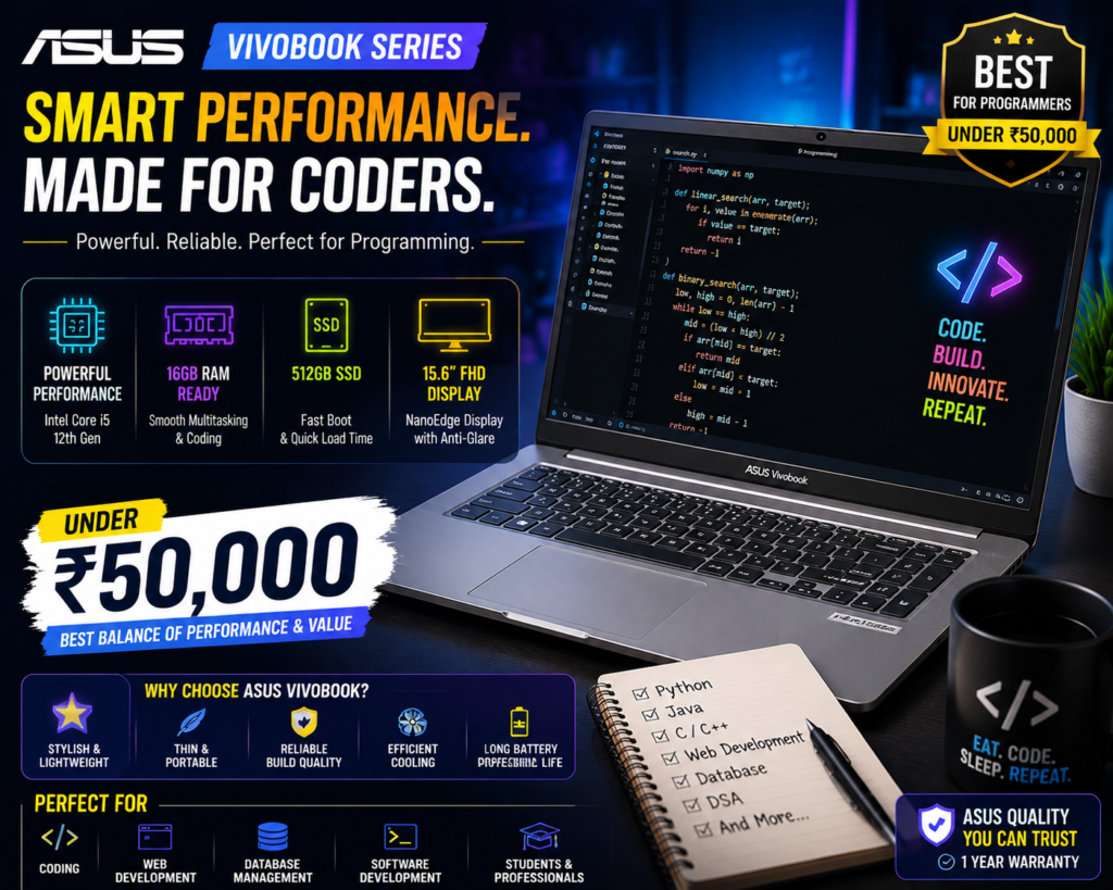 ASUS Vivobook Series laptop for programming under 50000 with powerful performance, SSD storage and coding features