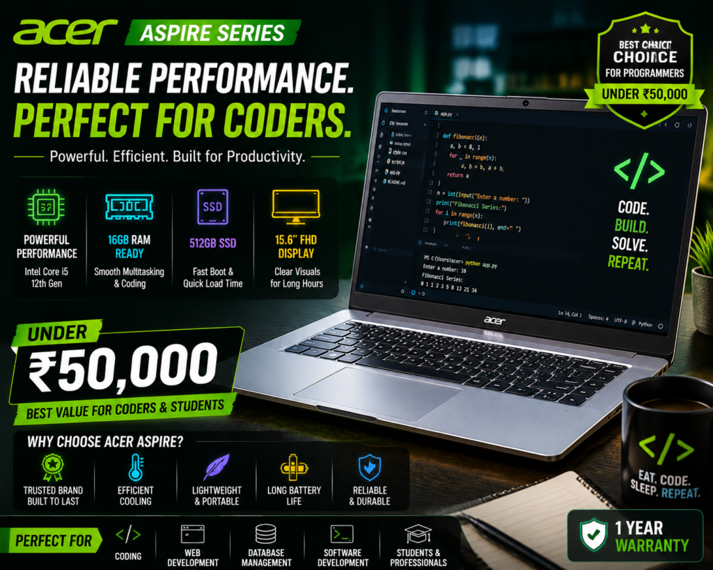 Acer Aspire Series laptop for programming under 50000 with reliable performance, SSD storage and coding capabilities