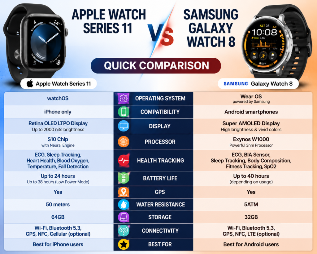 Apple Watch Series 11 vs Samsung Galaxy Watch 8 quick comparison table with key features