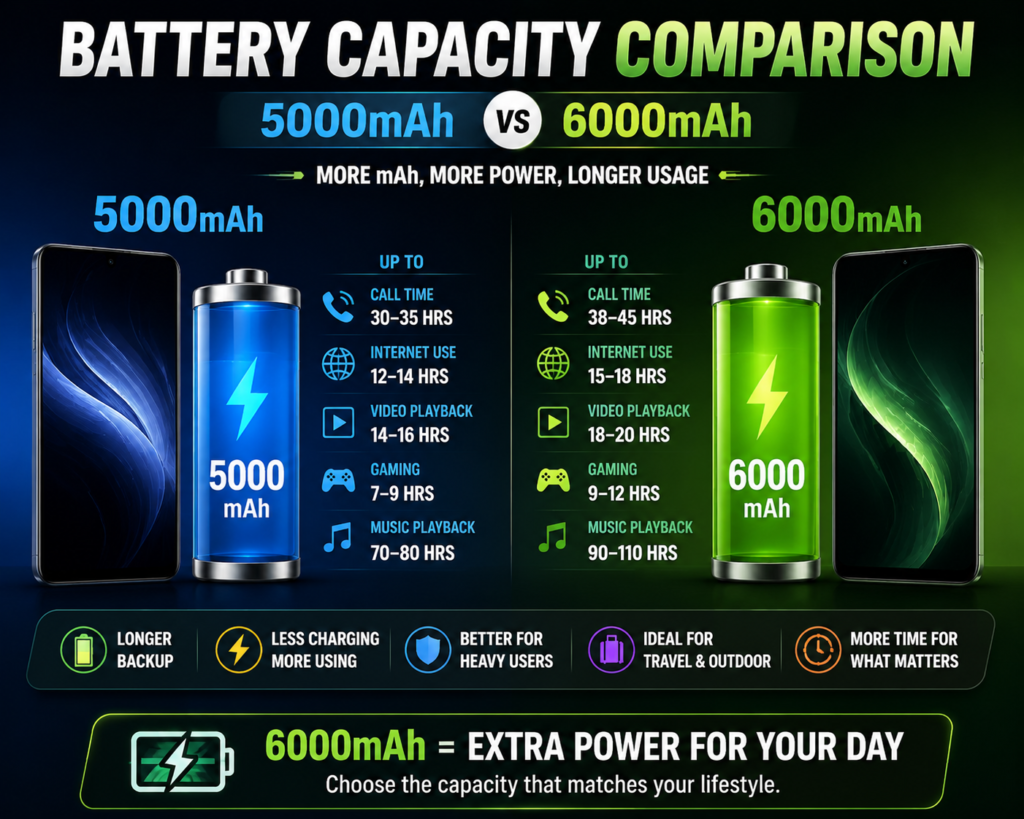 Battery capacity comparison of 5000mAh and 6000mAh smartphone batteries in 2026