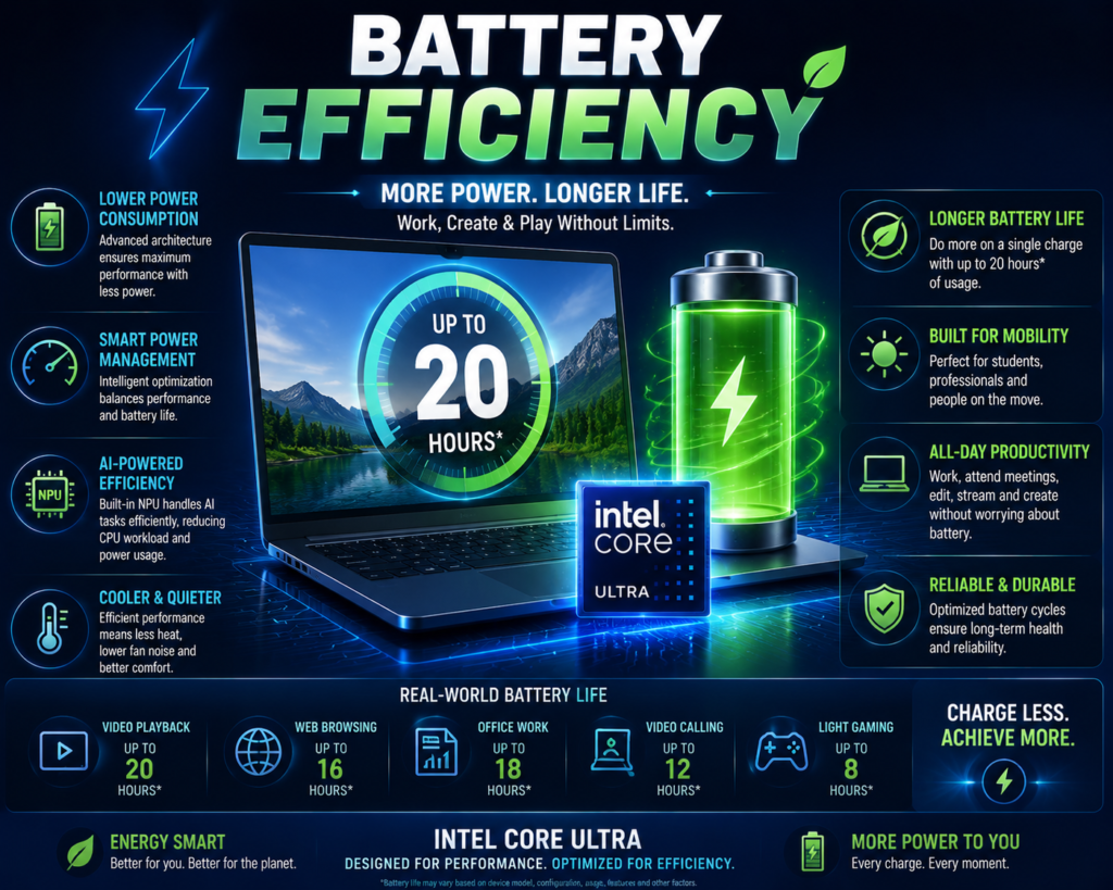 Battery efficiency of Intel Core Ultra laptop processors with improved power management 2026