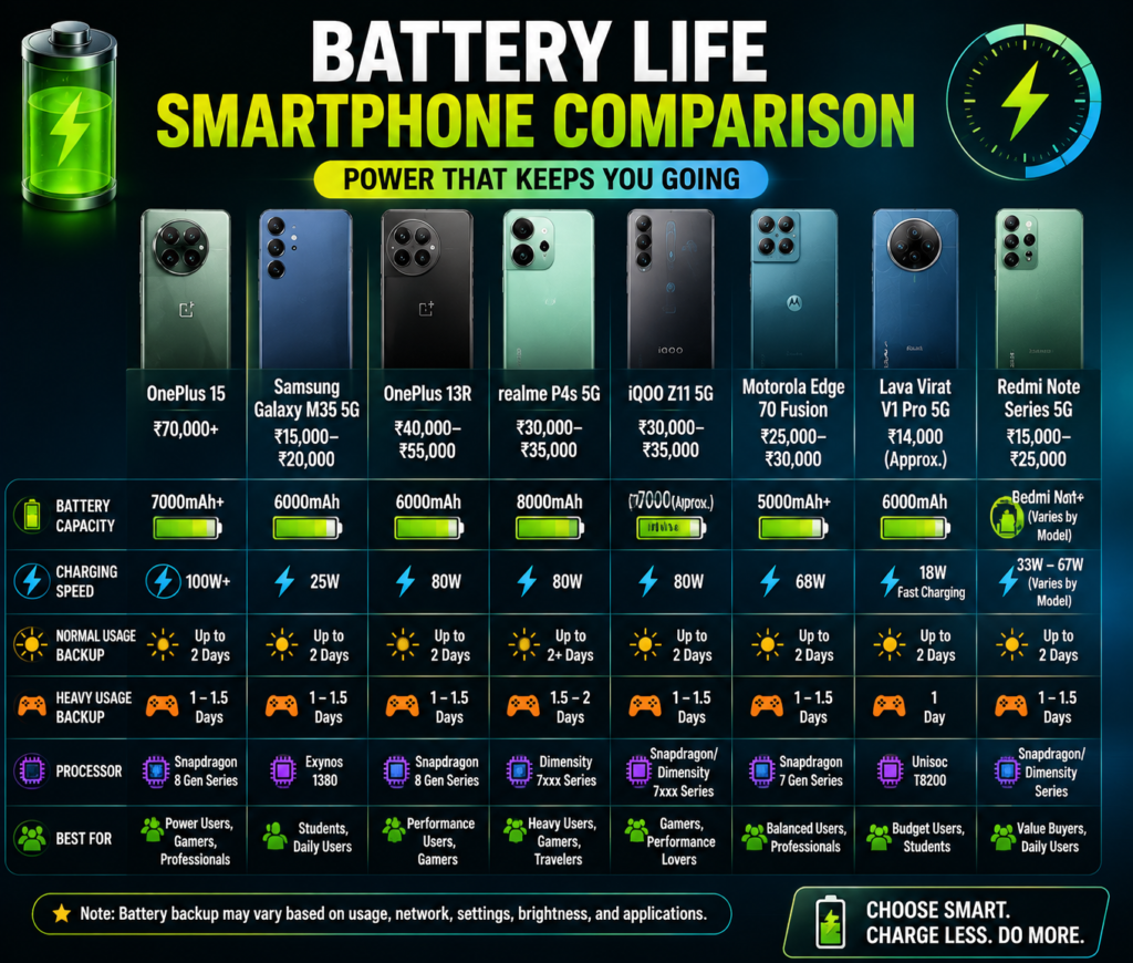 Battery life smartphone comparison of best long battery backup phones in India 2026