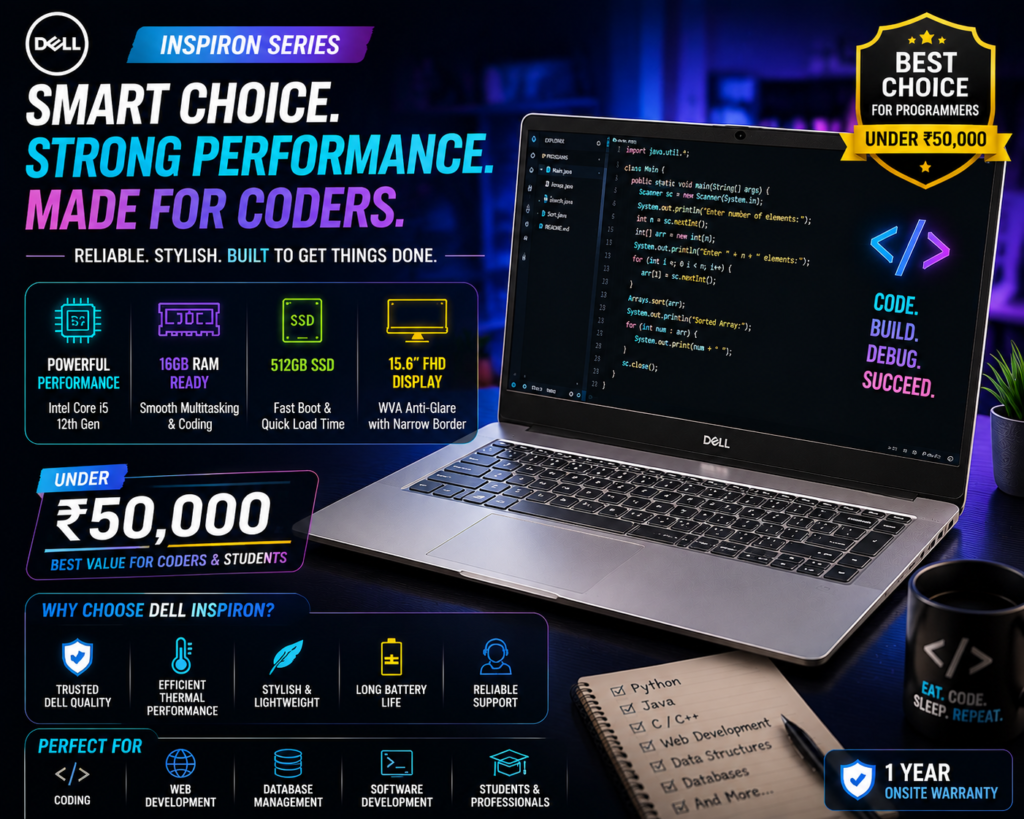 Dell Inspiron Series laptop for programming under 50000 with reliable performance, SSD storage and coding features
