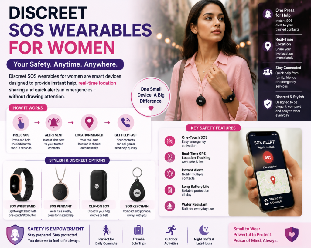 Discreet SOS safety wearables for women with emergency alert features