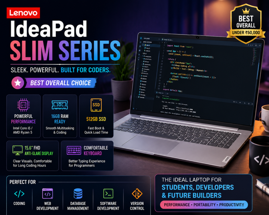 Lenovo IdeaPad Slim Series laptop for programming under 50000 with powerful performance and coding features