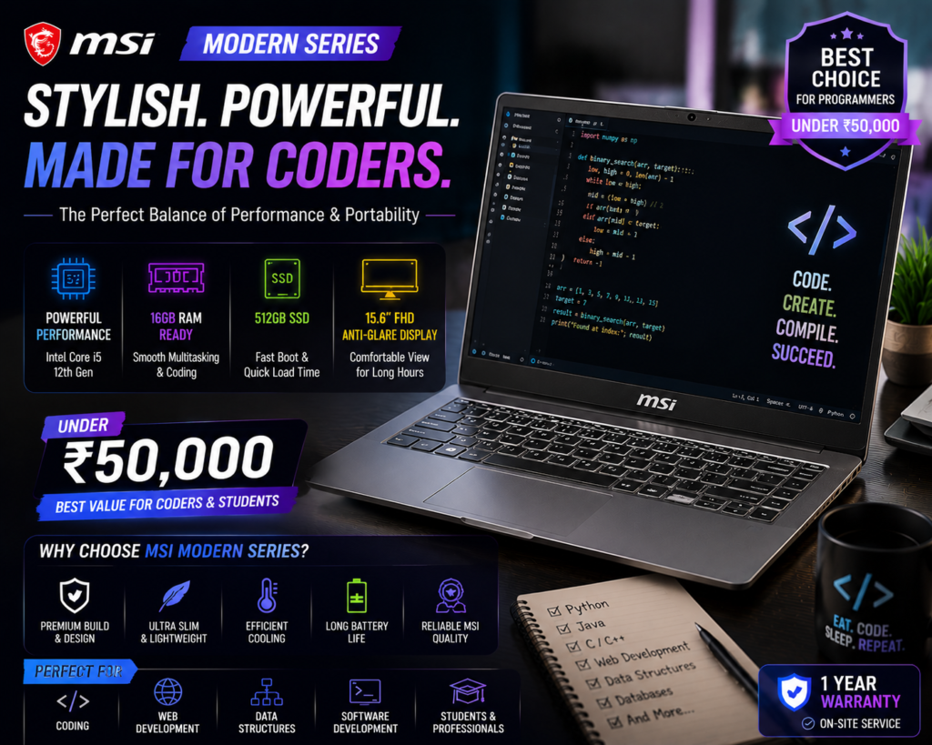 MSI Modern Series laptop for programming under 50000 with powerful performance, coding features and productivity capabilities