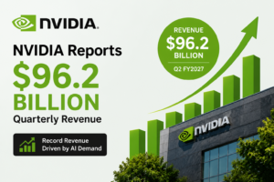 NVIDIA quarterly revenue report showing $96.2 billion earnings, AI growth and GPU technology business performance