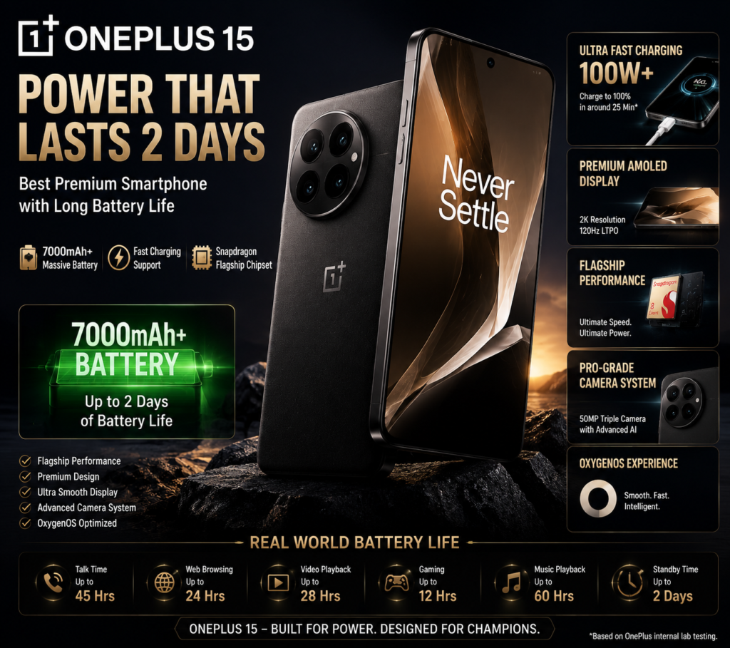OnePlus 15 premium smartphone with long battery life and powerful performance 2026