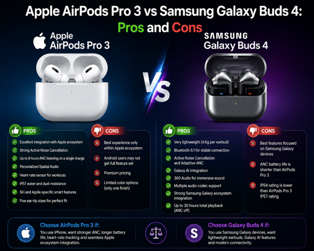 Apple AirPods Pro 3 vs Samsung Galaxy Buds 4 pros and cons comparison