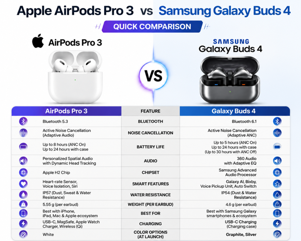 Apple AirPods Pro 3 vs Samsung Galaxy Buds 4 quick comparison table with features and specifications