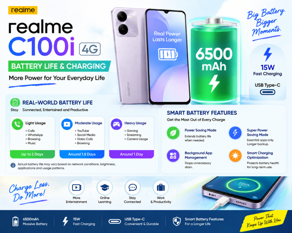 Realme C100i 4G battery life and charging review showing battery capacity, fast charging features and power performance