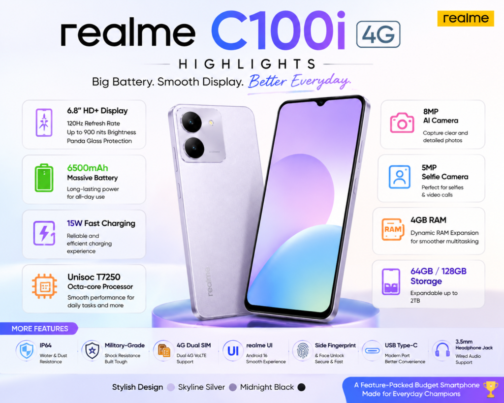 Realme C100i 4G highlights showing display, battery, camera, processor and key smartphone features