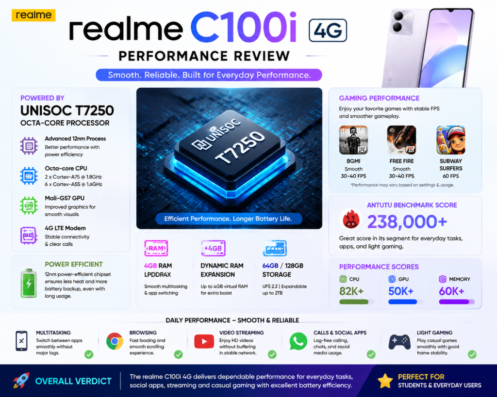 Realme C100i 4G performance review showing processor, RAM, battery and smartphone performance details
