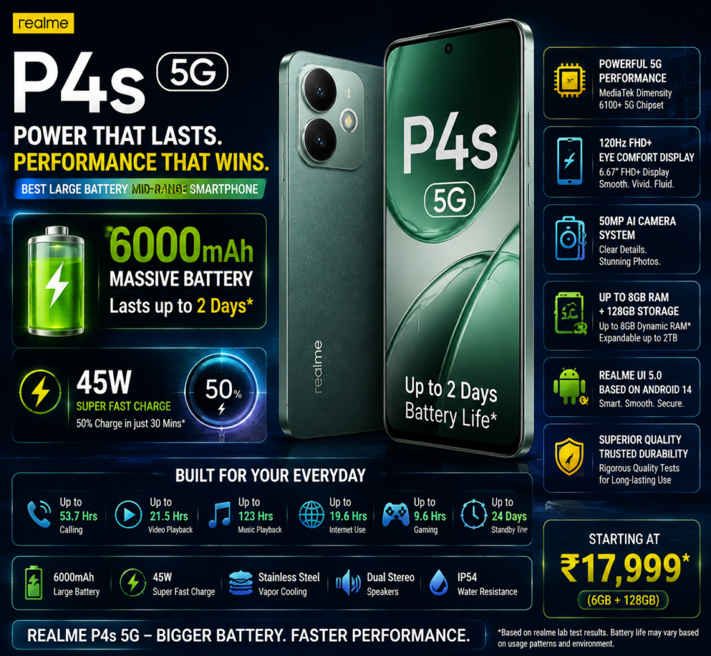 Realme P4s 5G smartphone with large battery capacity and long battery life 2026