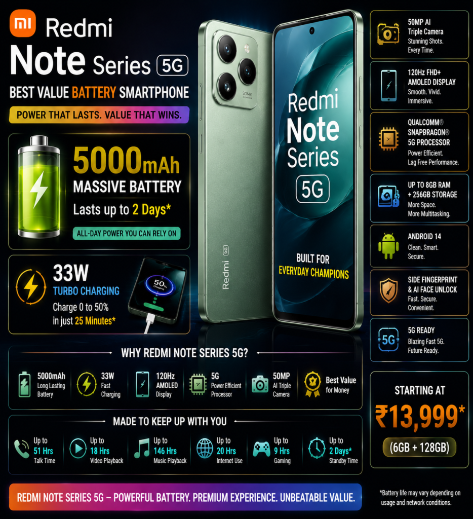 Redmi Note Series 5G smartphones with long battery life and large battery capacity 2026