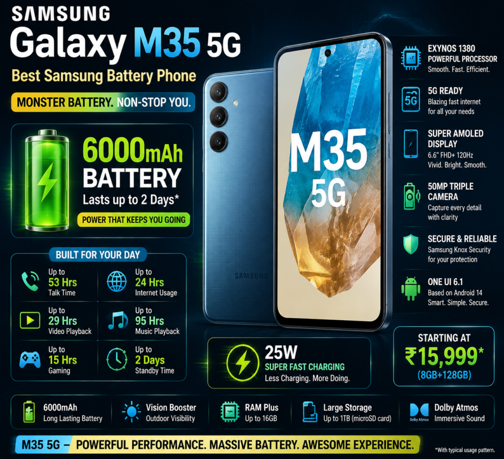 Samsung Galaxy M35 5G smartphone with 6000mAh battery and long battery life 2026