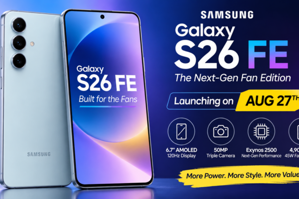 Samsung Galaxy S26 FE smartphone with premium design and camera features