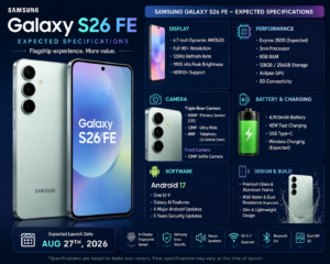 Samsung Galaxy S26 FE expected specifications for display, performance, camera and battery in 2026