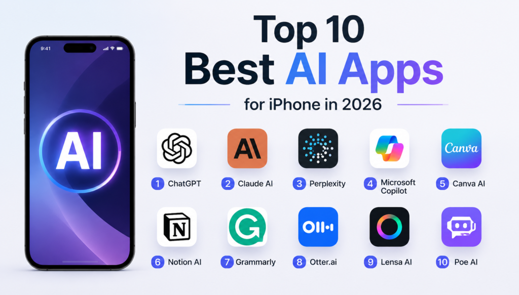 Top 10 Best AI Apps for iPhone 2026 including AI assistants and productivity tools