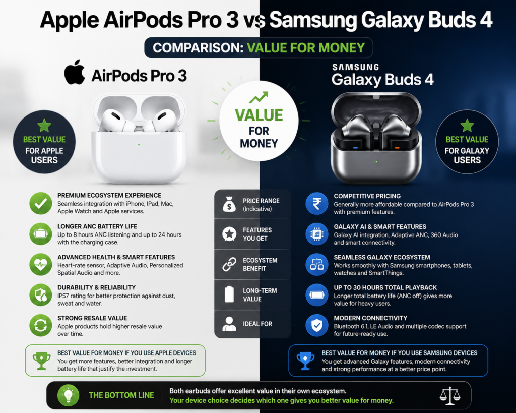 Apple AirPods Pro 3 vs Samsung Galaxy Buds 4 value for money comparison