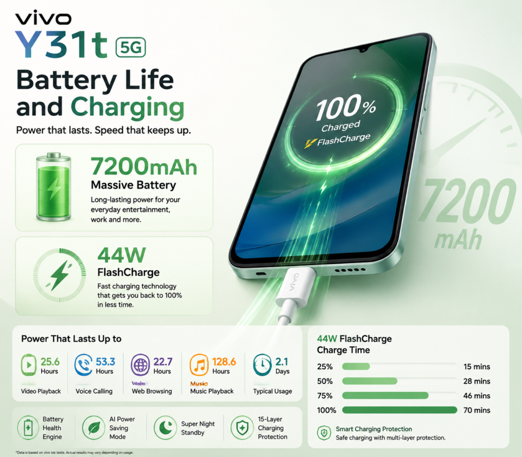 Vivo Y31t 5G battery life and charging review showing battery capacity, charging speed and power efficiency features