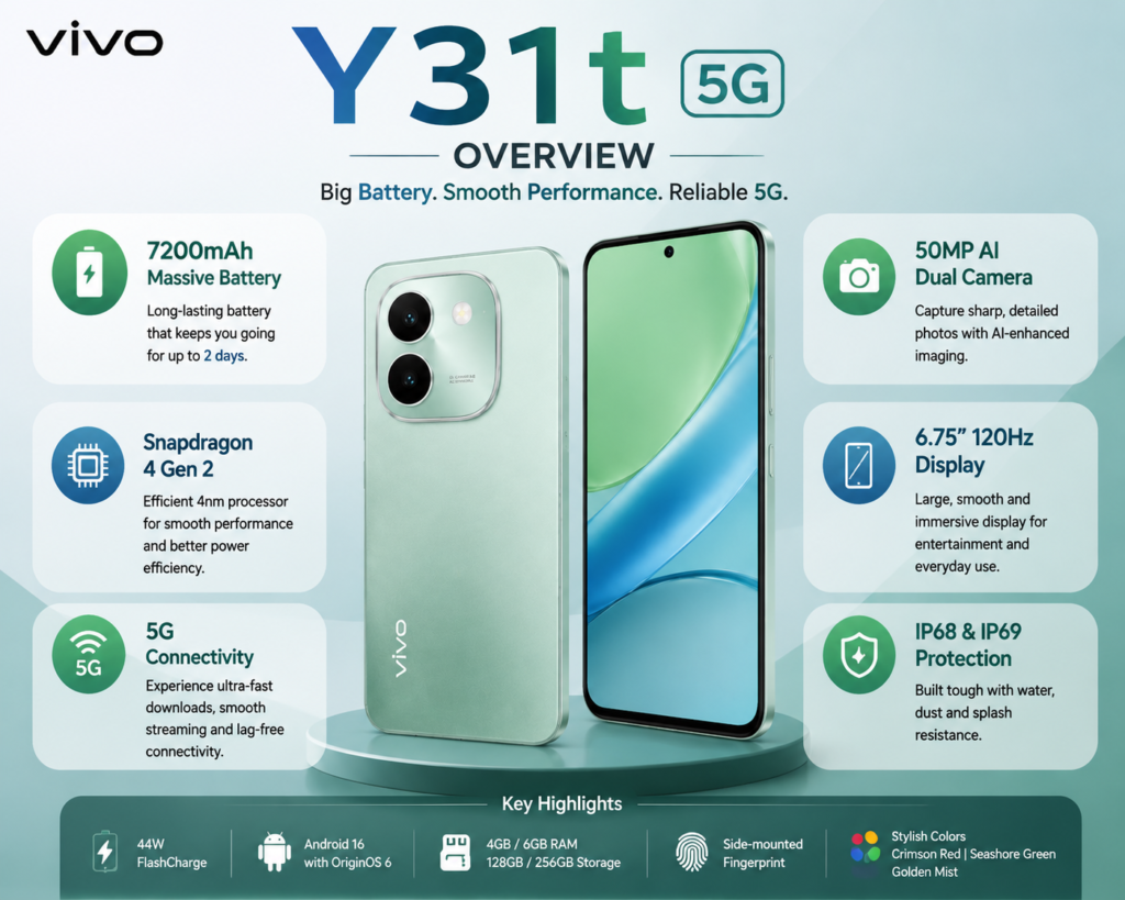 Vivo Y31t 5G overview showing specifications, display, battery, camera and key smartphone features