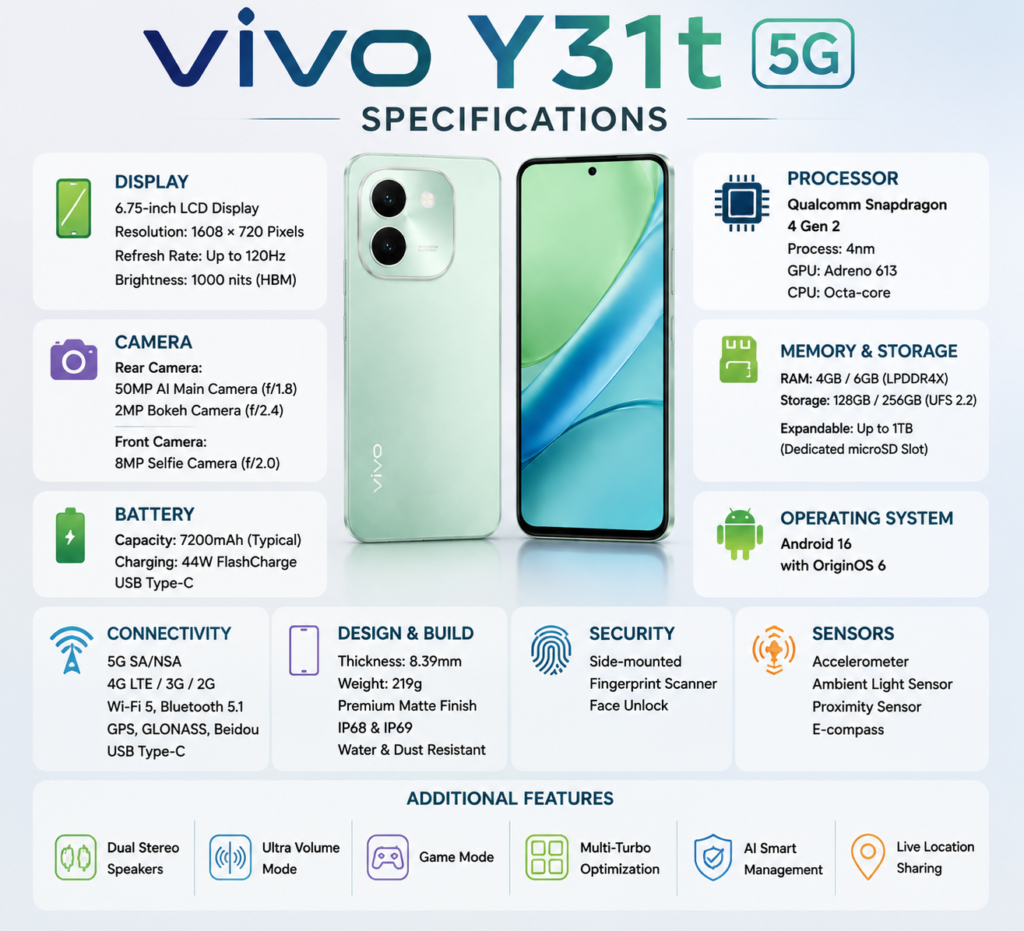 Vivo Y31t 5G specifications chart showing display, processor, RAM, storage, camera and battery details