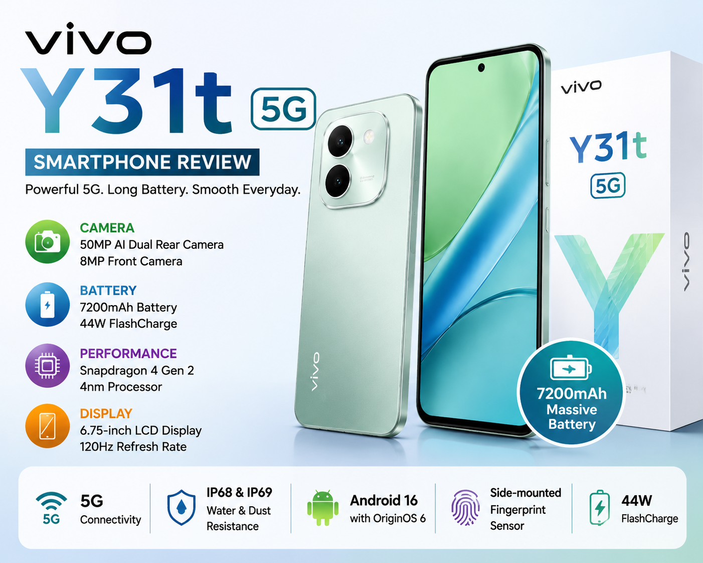 Vivo Y31t 5G smartphone review with specifications, camera, battery, price and 5G features