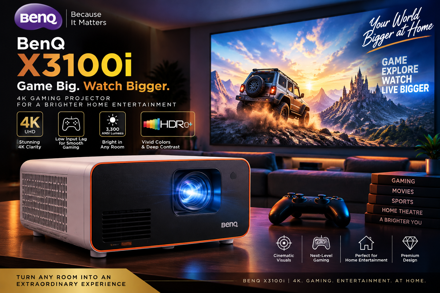 BenQ X3100i 4K gaming projector for home theatre movies and entertainment