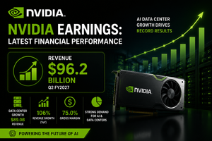 NVIDIA earnings report showing $96.2 billion revenue, AI growth, GPU performance and quarterly financial results