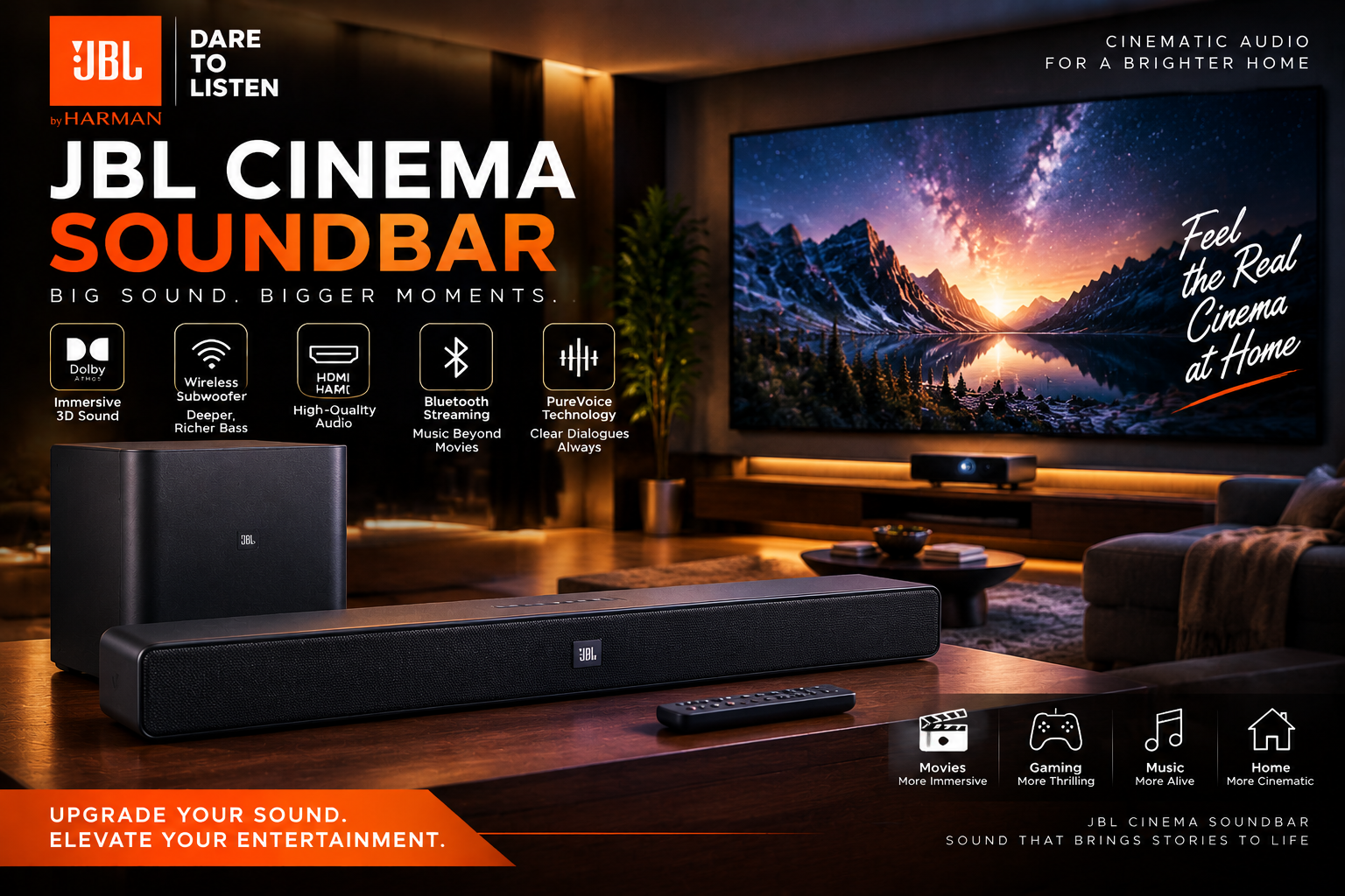 JBL Cinema Soundbar with Dolby Atmos and wireless subwoofer for immersive home theatre sound