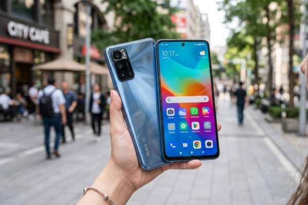 Hand holding Xiaomi Redmi smartphone showing front screen and back camera