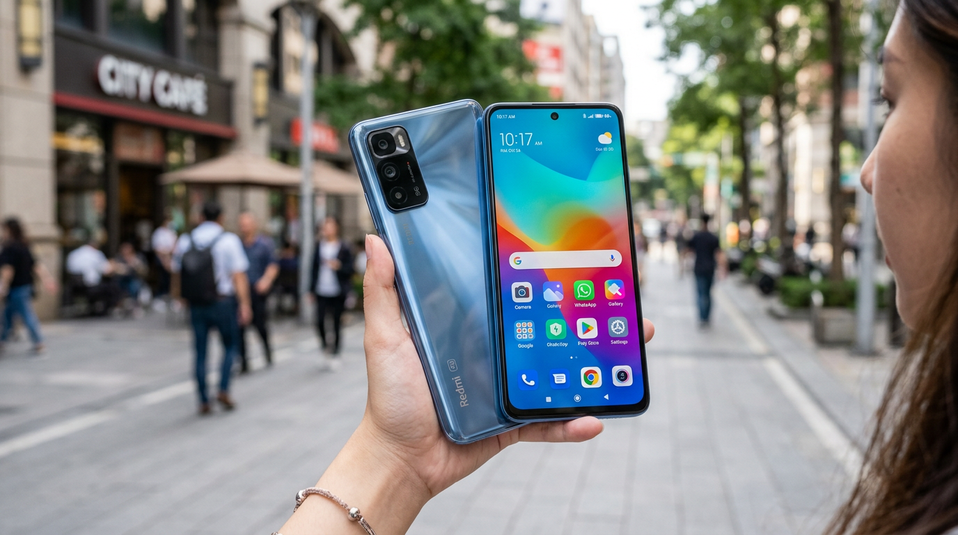 Hand holding Xiaomi Redmi smartphone showing front screen and back camera