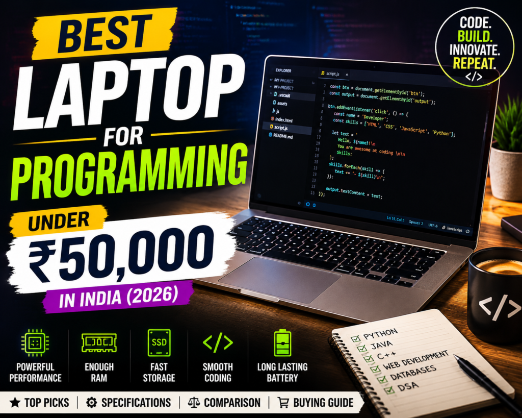 Best laptop for programming under 50000 in 2026 featuring coding setup, powerful performance and developer-friendly specifications