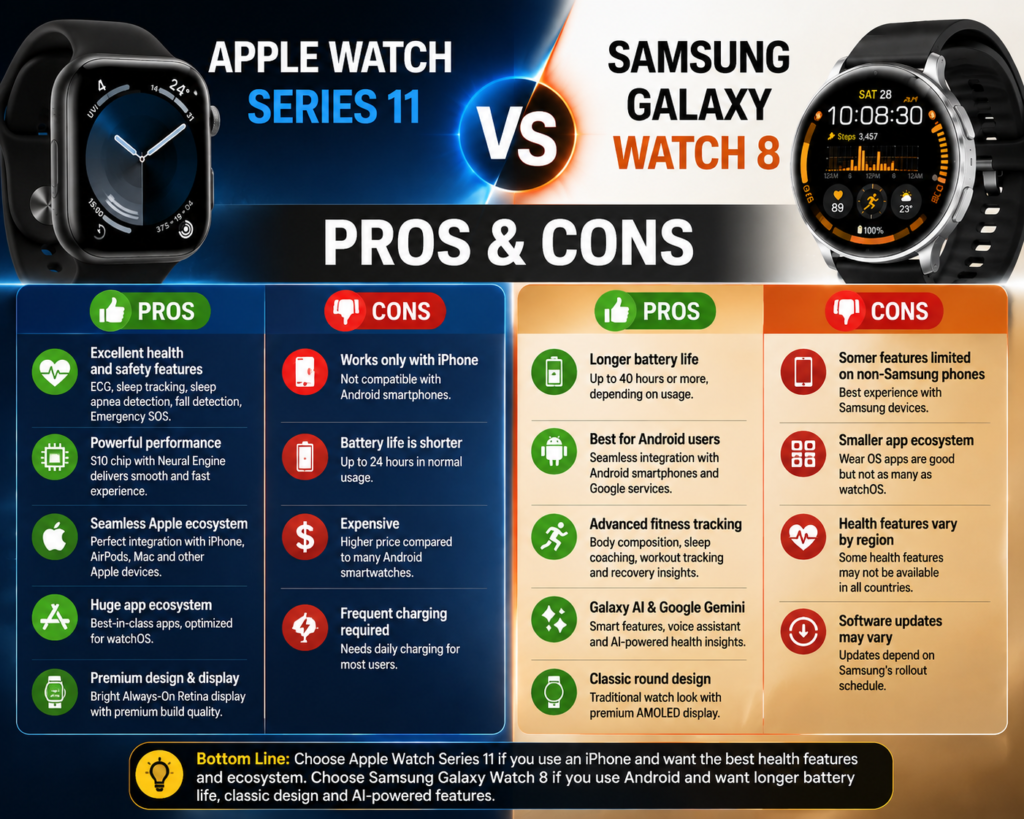Apple Watch Series 11 vs Samsung Galaxy Watch 8 pros and cons comparison chart
