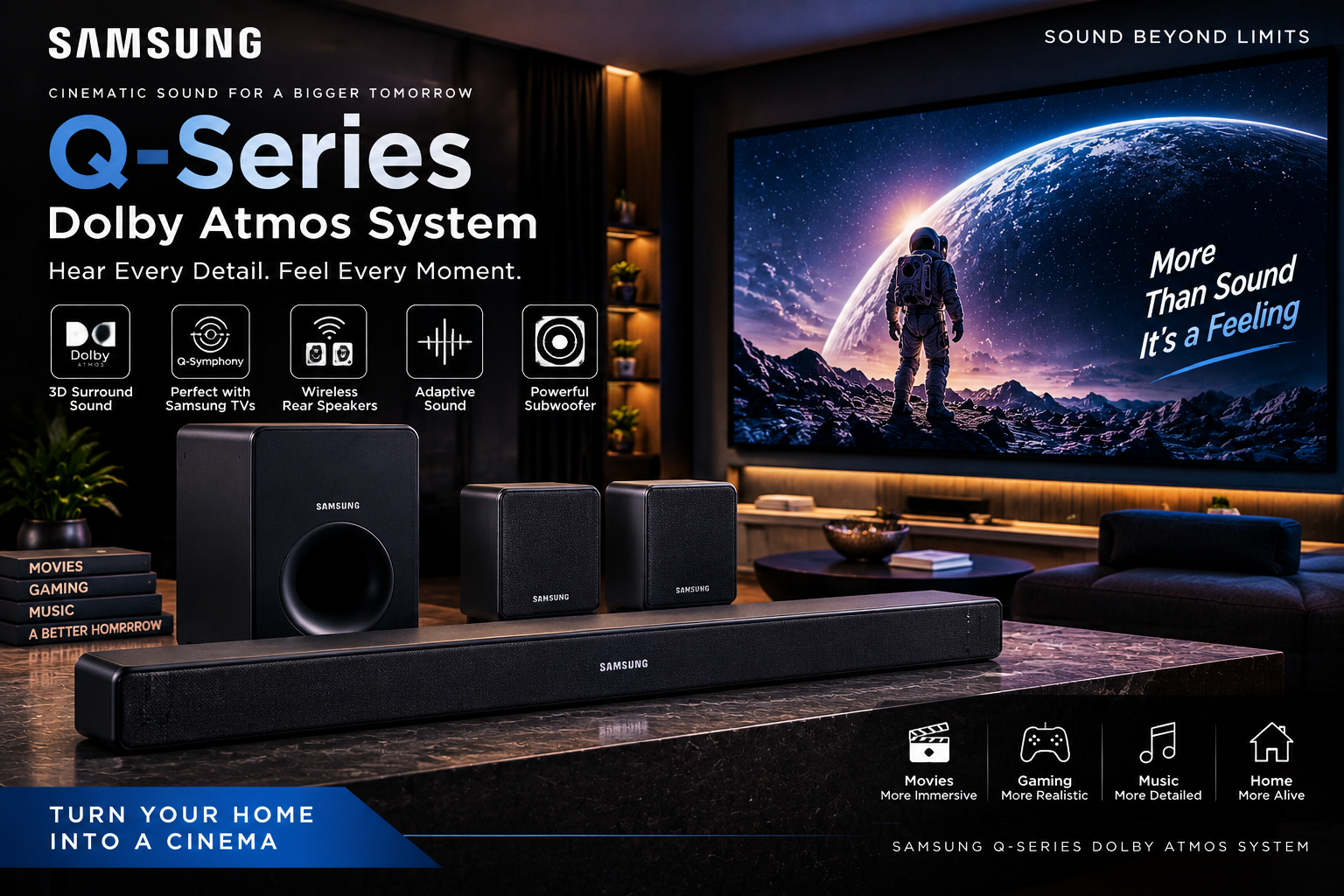 Samsung Q-Series Dolby Atmos system with wireless rear speakers for immersive home theatre sound