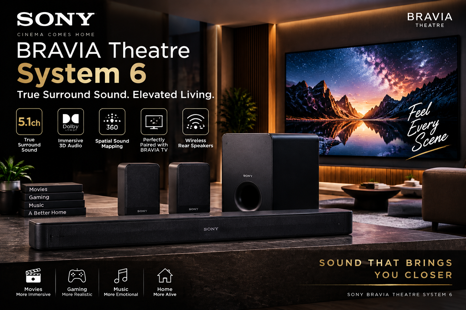 Sony BRAVIA Theatre System 6 5.1 channel home theatre sound system with immersive surround audio