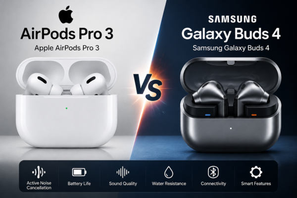 Apple AirPods Pro 3 vs Samsung Galaxy Buds 4 comparison showing wireless earbuds features and design