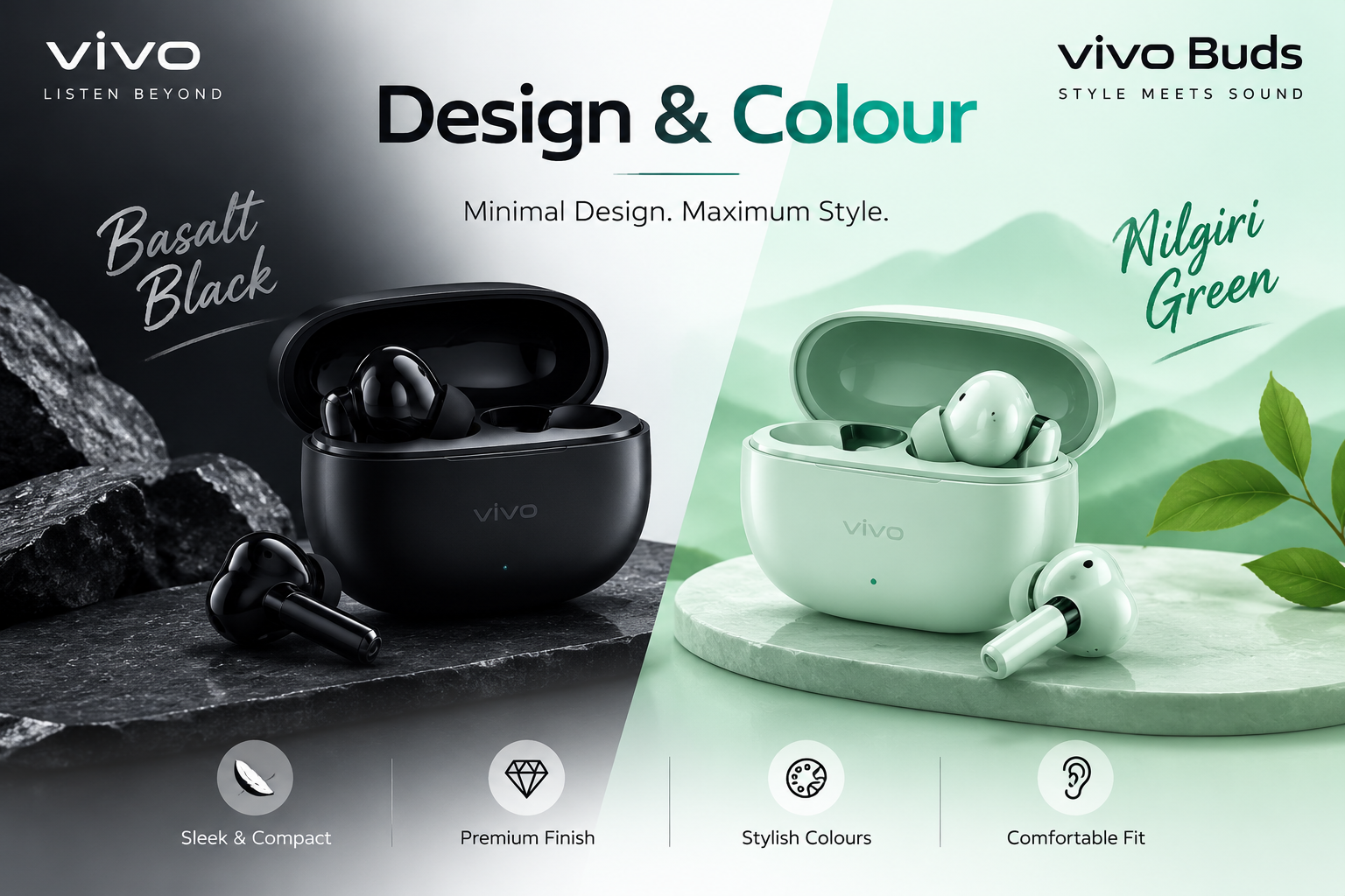 Vivo Buds TWS earbuds in Basalt Black and Nilgiri Green colours showcasing premium design and stylish charging case