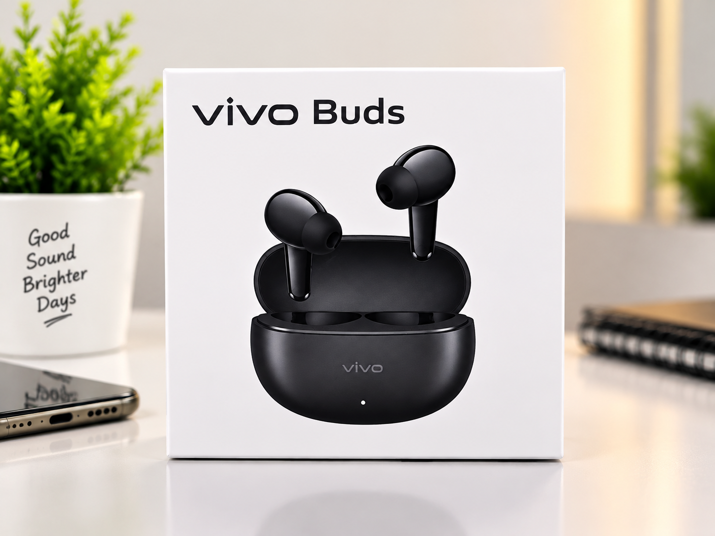 Vivo Buds retail box with wireless earbuds packaging showcasing the TWS charging case and premium design