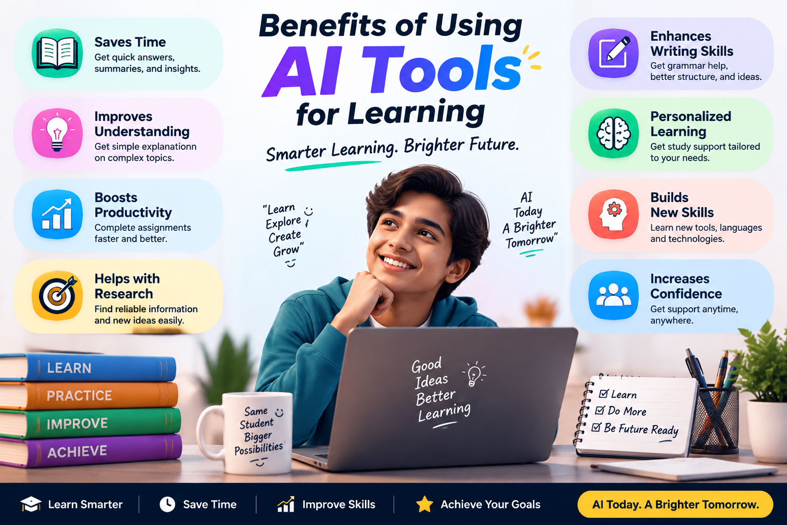 Benefits of AI tools for students including research, productivity and learning support