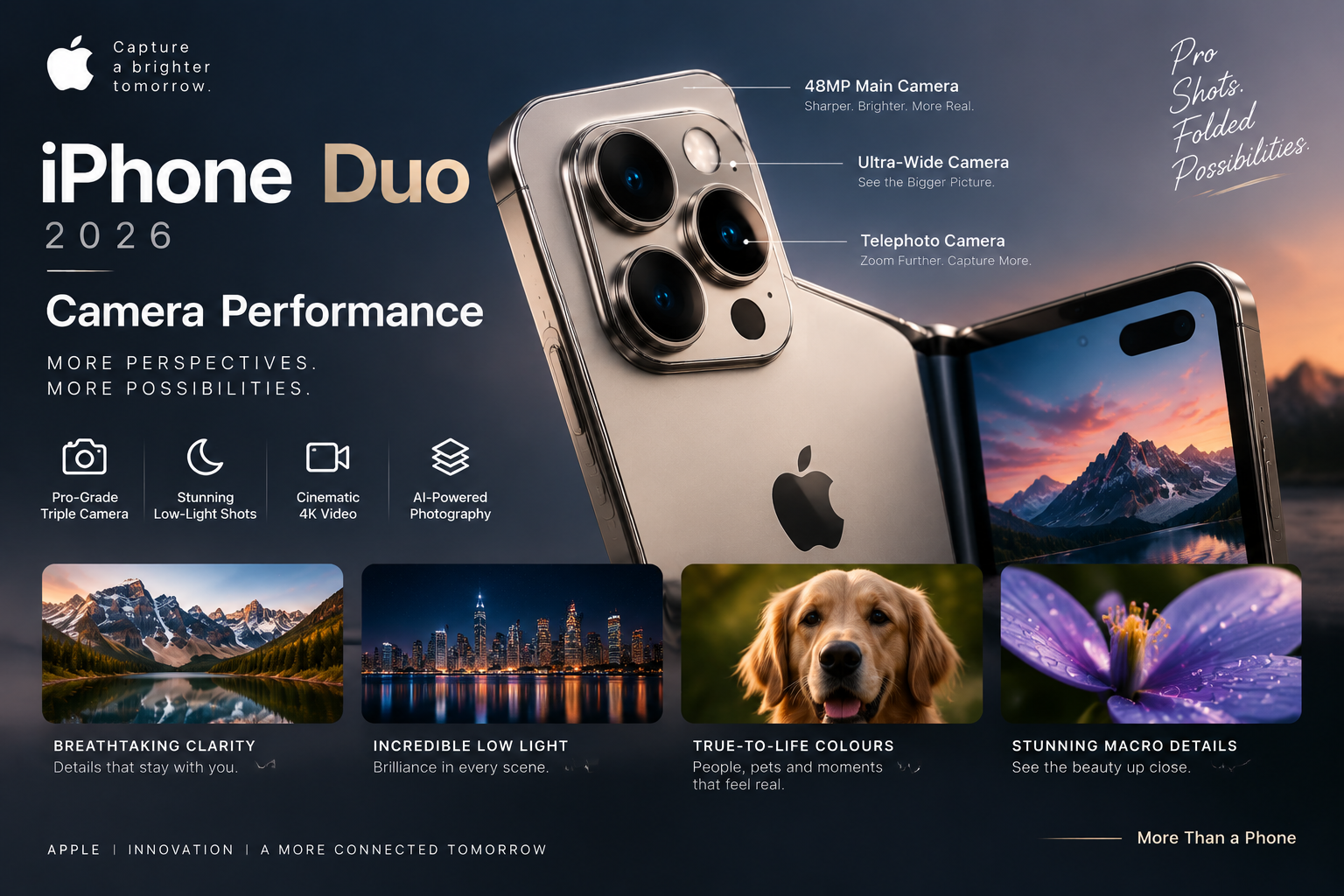 iPhone Duo 2026 foldable iPhone camera performance featuring triple camera system, telephoto lens, ultra-wide camera, AI photography, and low-light imaging
