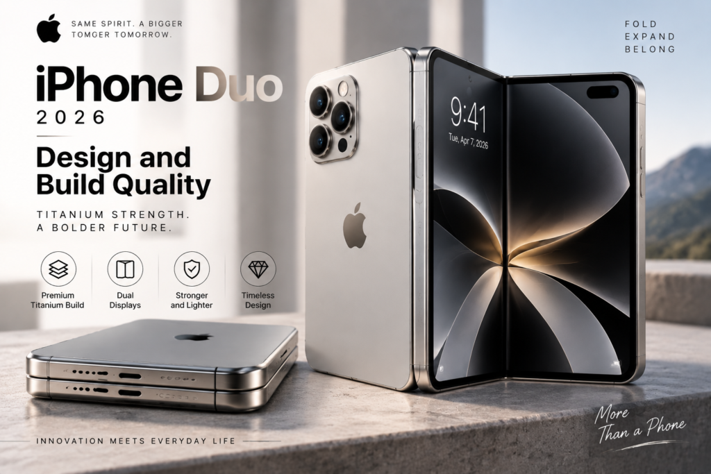 iPhone Duo 2026 foldable iPhone concept in silver titanium finish showcasing premium design, dual displays, and advanced build quality