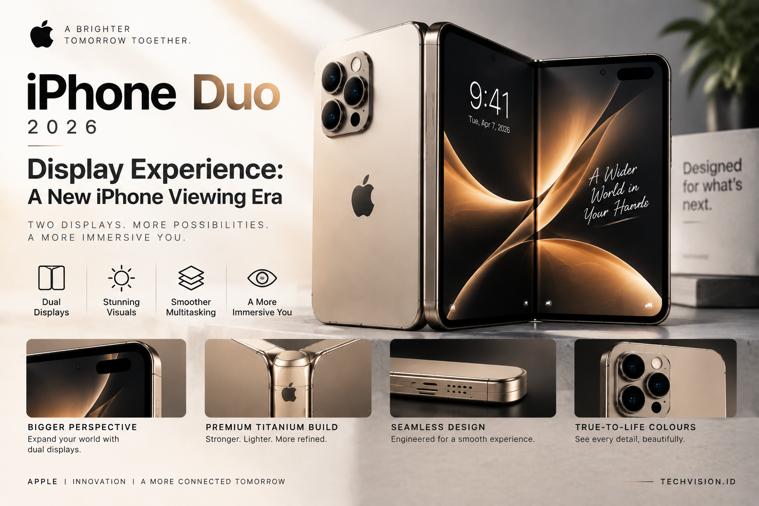 iPhone Duo 2026 foldable iPhone in Desert Titanium colour featuring dual displays, immersive viewing experience, and futuristic smartphone design